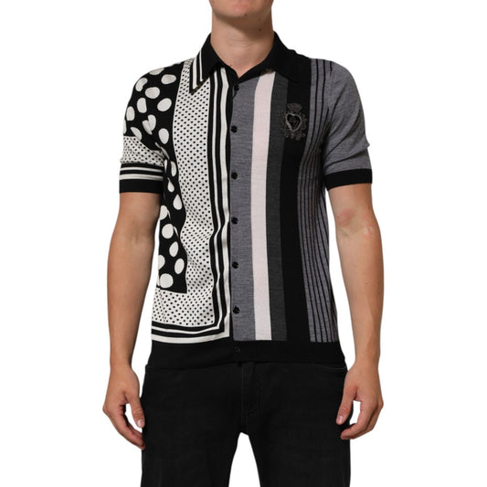 Dolce & Gabbana Black White Polka Dot Collared Polo T-shirt with button closure, featuring premium cotton and logo details.