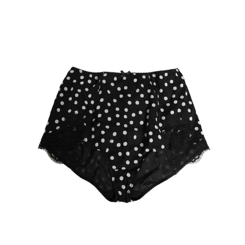 Dolce & Gabbana Black White Polka Dot Silk Slip Panty Underwear featuring lace and mesh accents made in Italy.