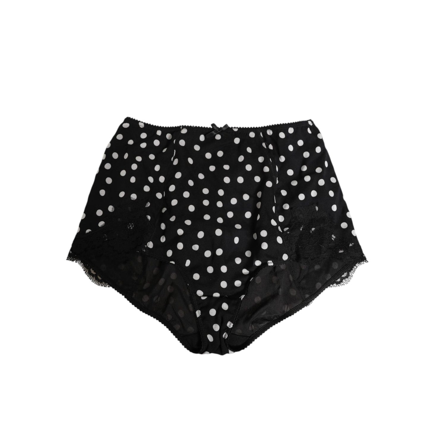 Dolce & Gabbana Black White Polka Dot Silk Slip Panty Underwear featuring lace and mesh accents made in Italy.