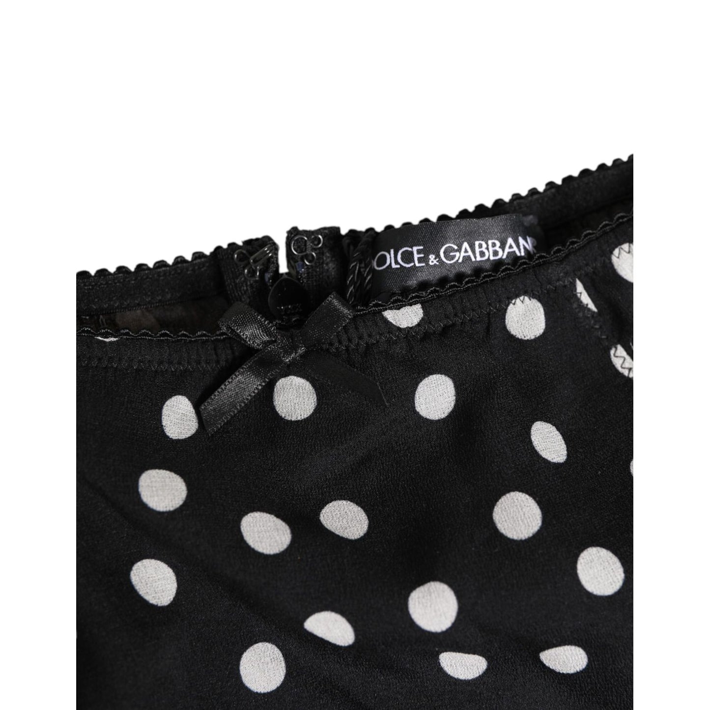 Dolce & Gabbana Black White Polka Dot Silk Slip Panty Underwear with lace and logo detail, high-waist sheer mesh design from Italy.