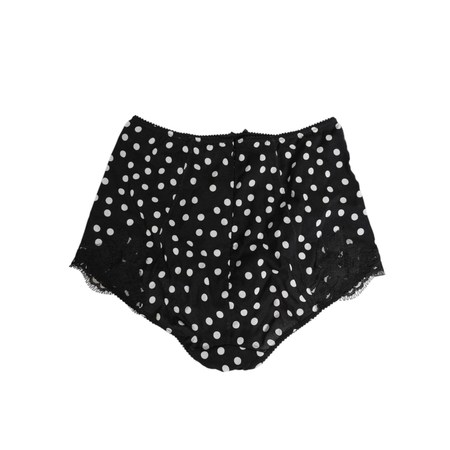 Dolce & Gabbana Black White Polka Dot Silk Slip Panty Underwear with lace accents, high-waist design, premium stretch fabric.