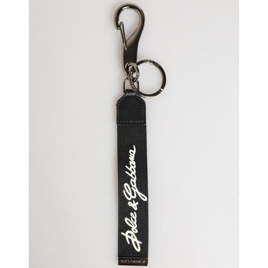 Dolce & Gabbana Black White Polyester DG Logo Silver Men Keychain Keyring with sleek design and logo details.