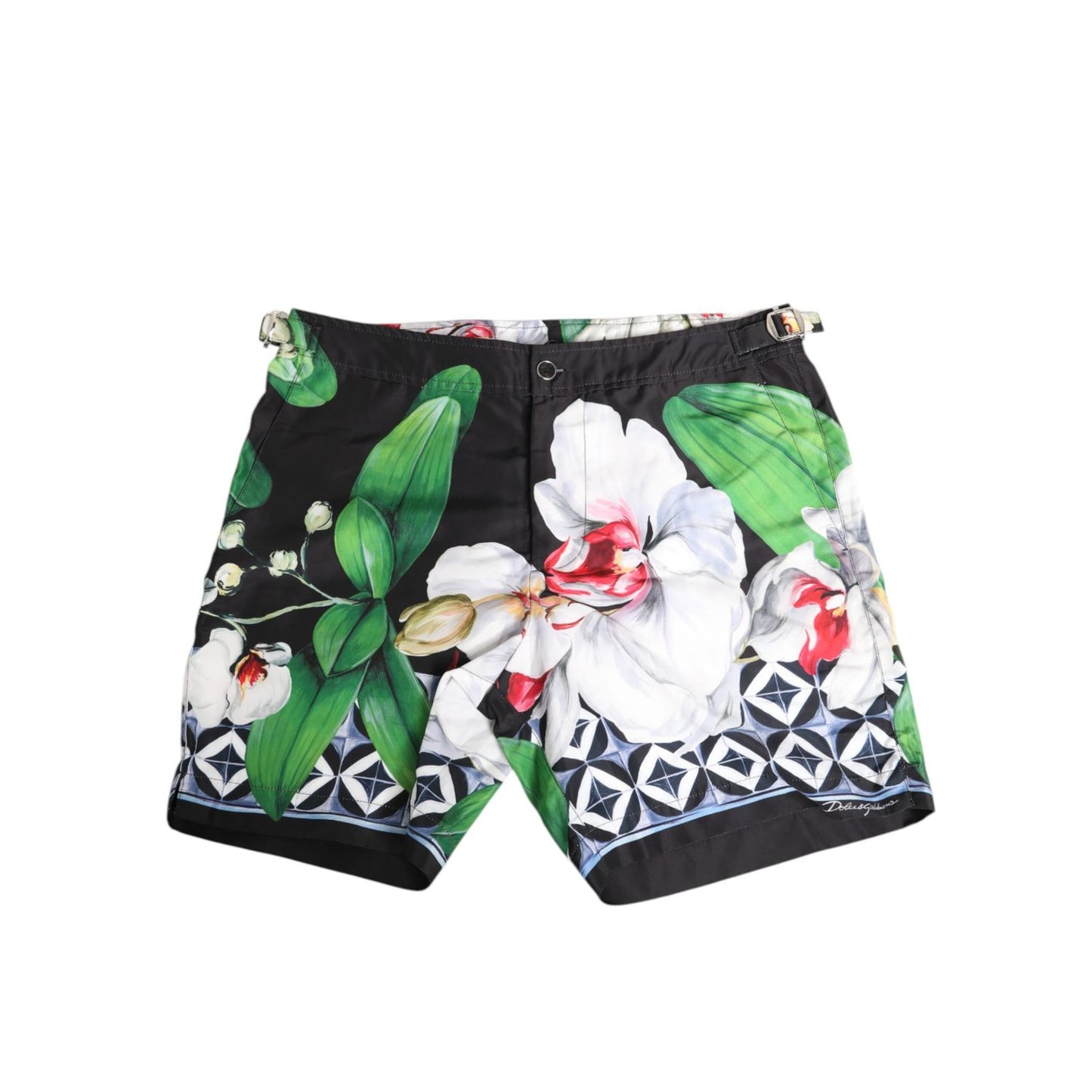 Dolce & Gabbana Black White Polyester Floral Orchid Print Shorts with geometric detailing and adjustable waistband