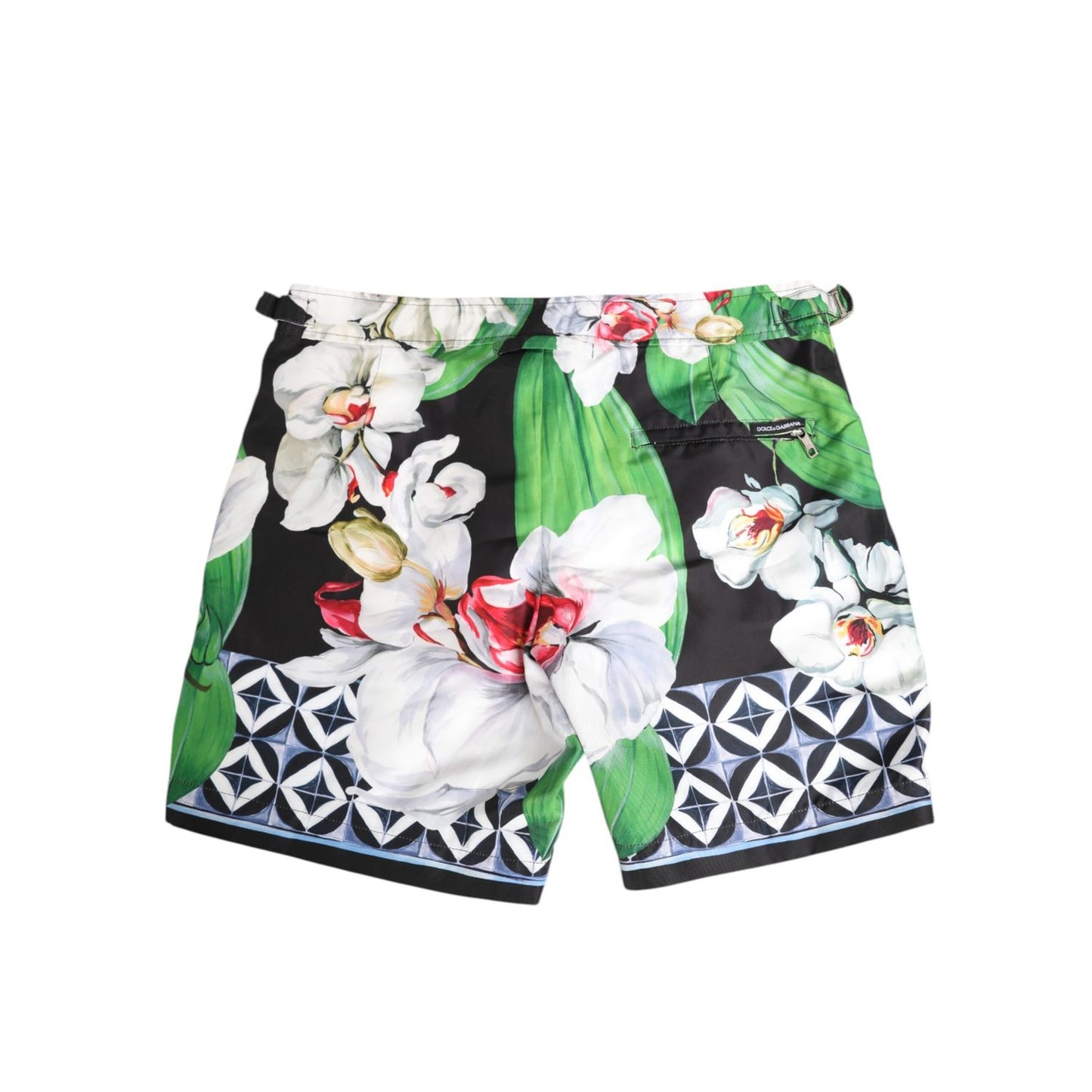 Dolce & Gabbana Black White Polyester Floral Orchid Print Shorts with geometric detailing and adjustable waistband.