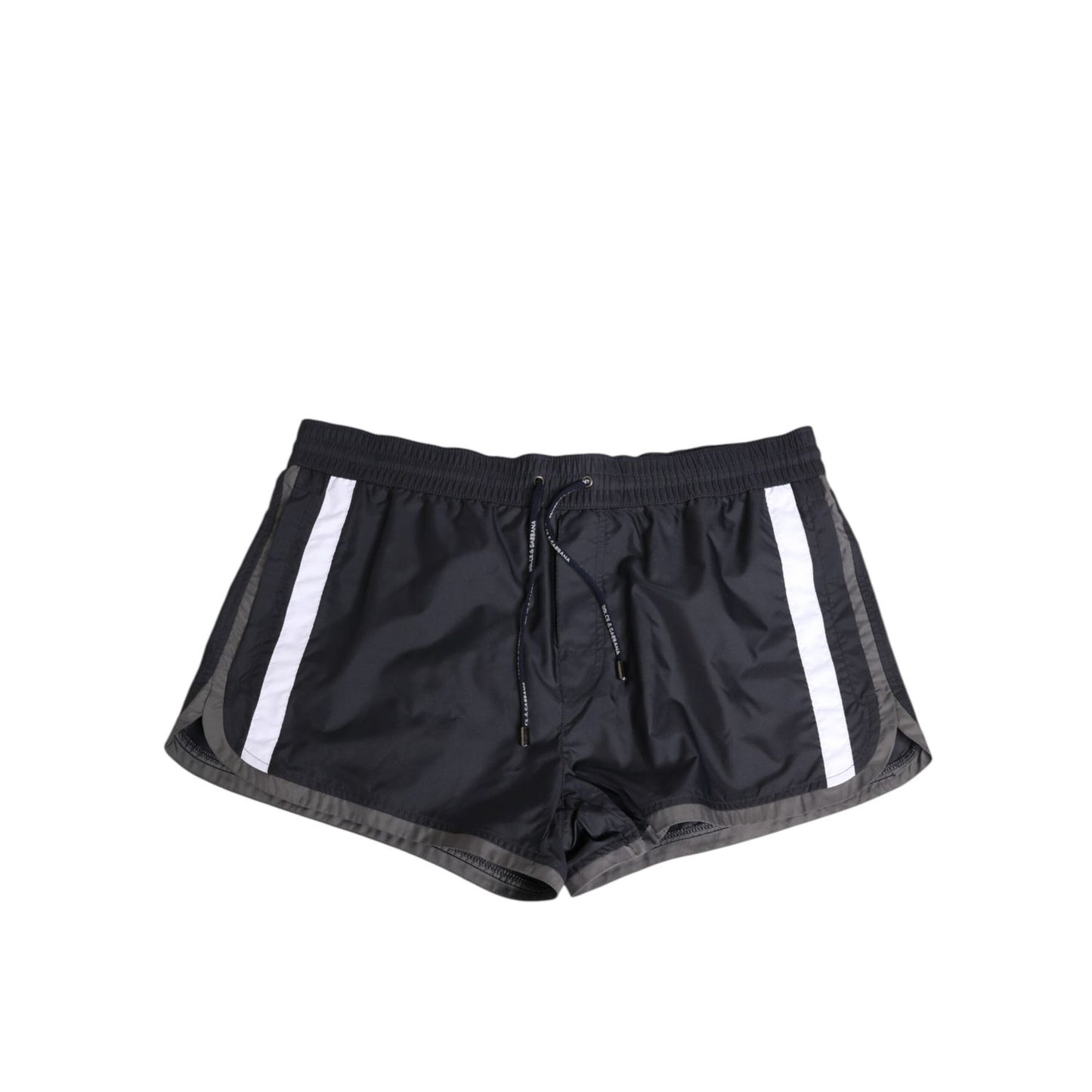 Dolce & Gabbana Black White Polyester Logo Elastic Waistband Swimwear with white side stripes and comfortable mesh lining.