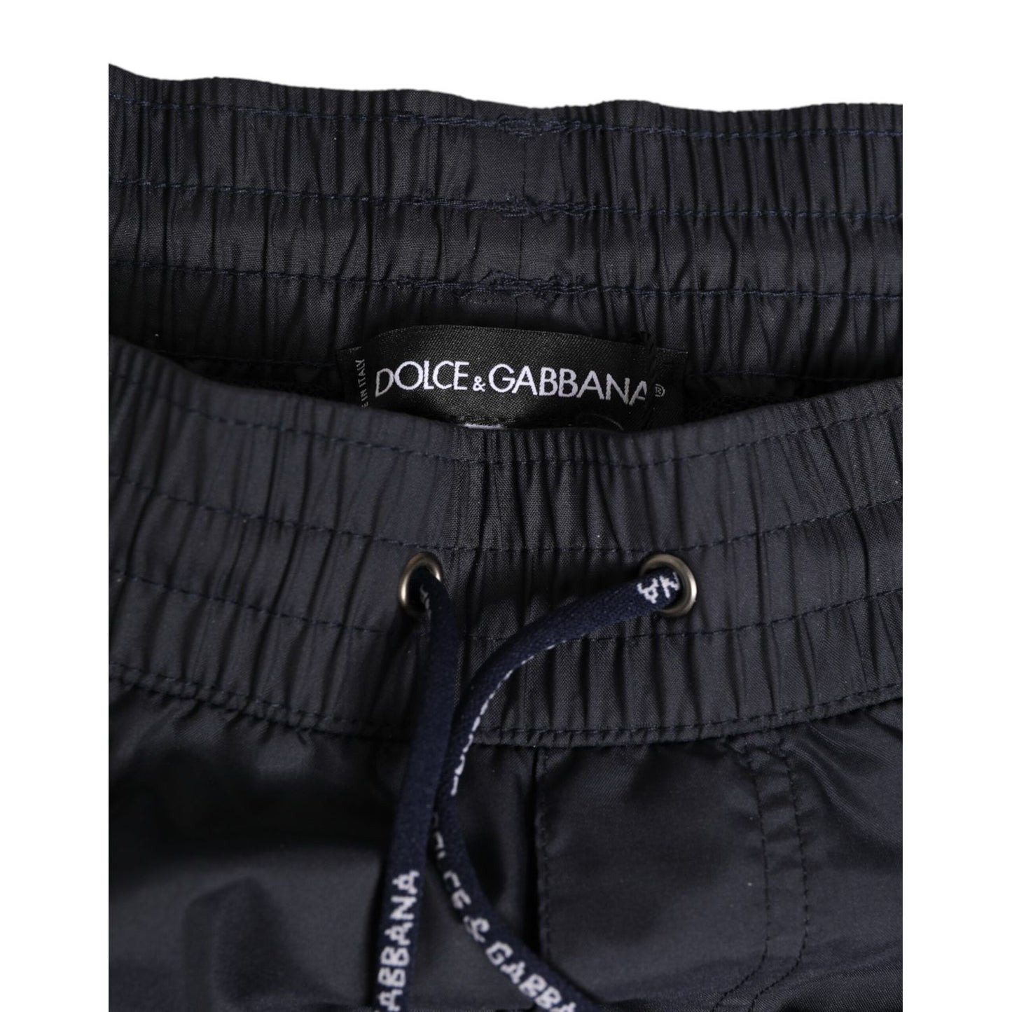 Dolce & Gabbana Black White Polyester Logo Elastic Waistband Swimwear with drawstring detail.