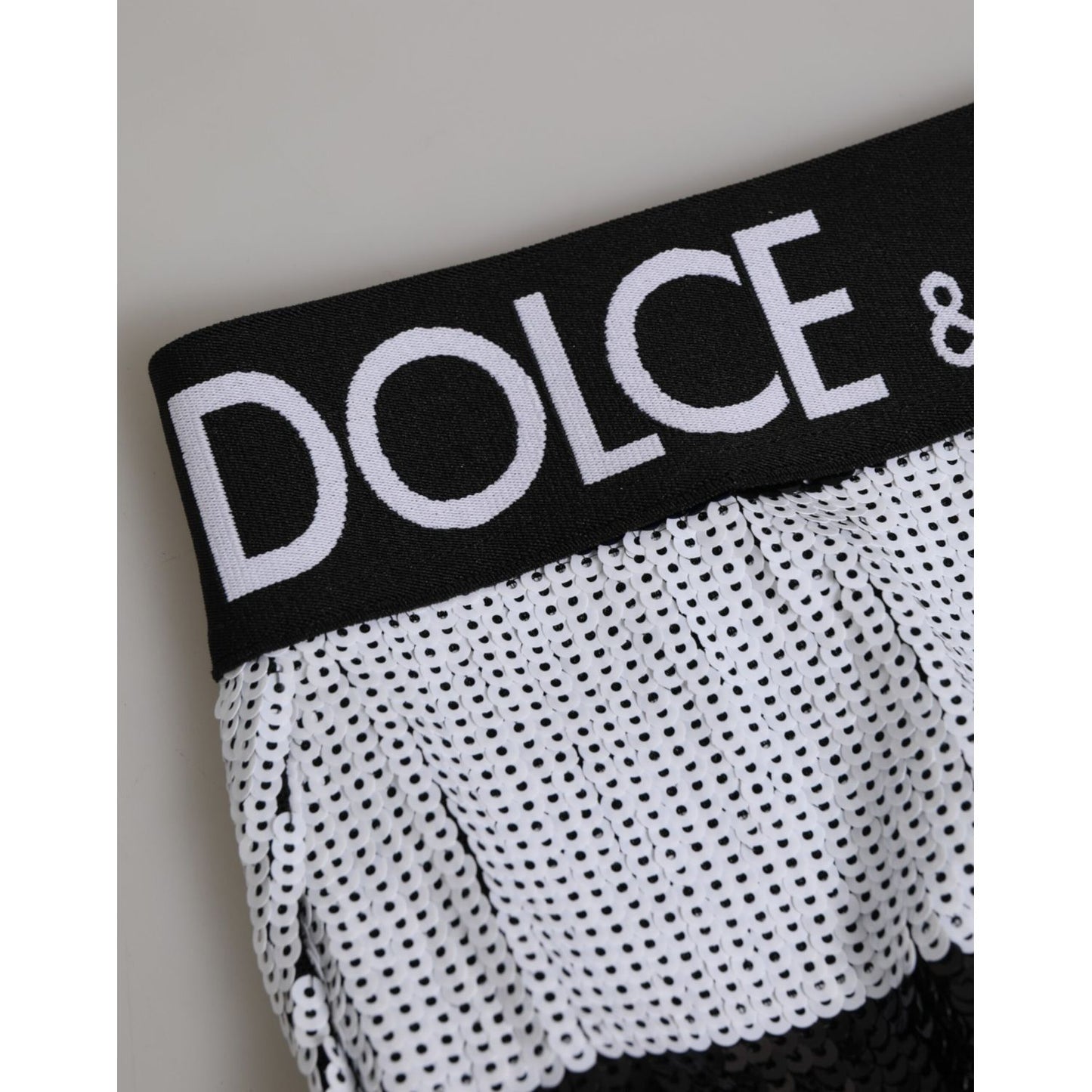 Dolce & Gabbana Black White Sequin High Waist Panty Underwear with logo detail, showcasing elegant design and craftsmanship.