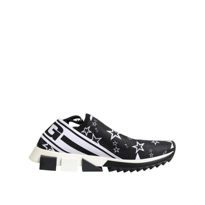 Dolce & Gabbana Black White Sorrento Low Top Sneakers Shoes with star pattern and logo, fabric material, rubber sole, side view.