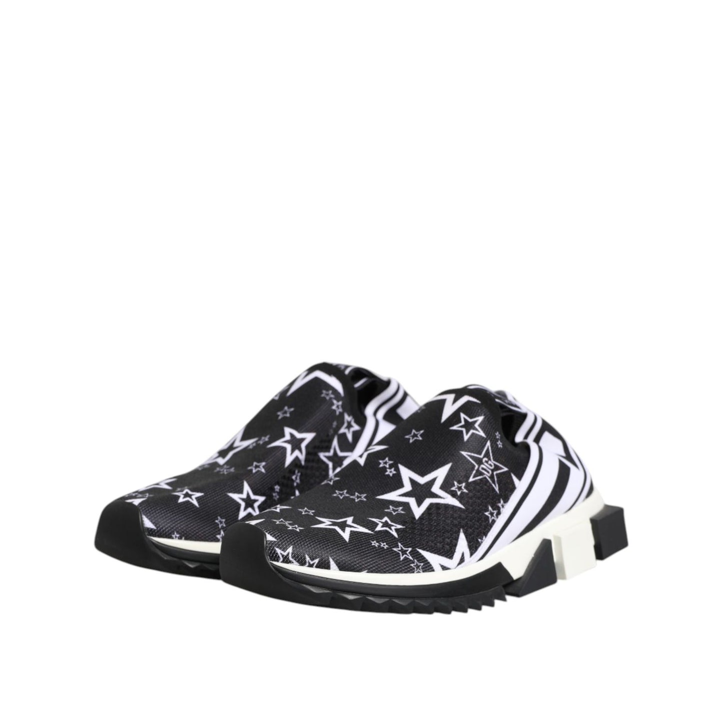Dolce & Gabbana Black White Sorrento Low Top Sneakers Shoes with star patterns and fabric material, made in Italy, exclusive design.