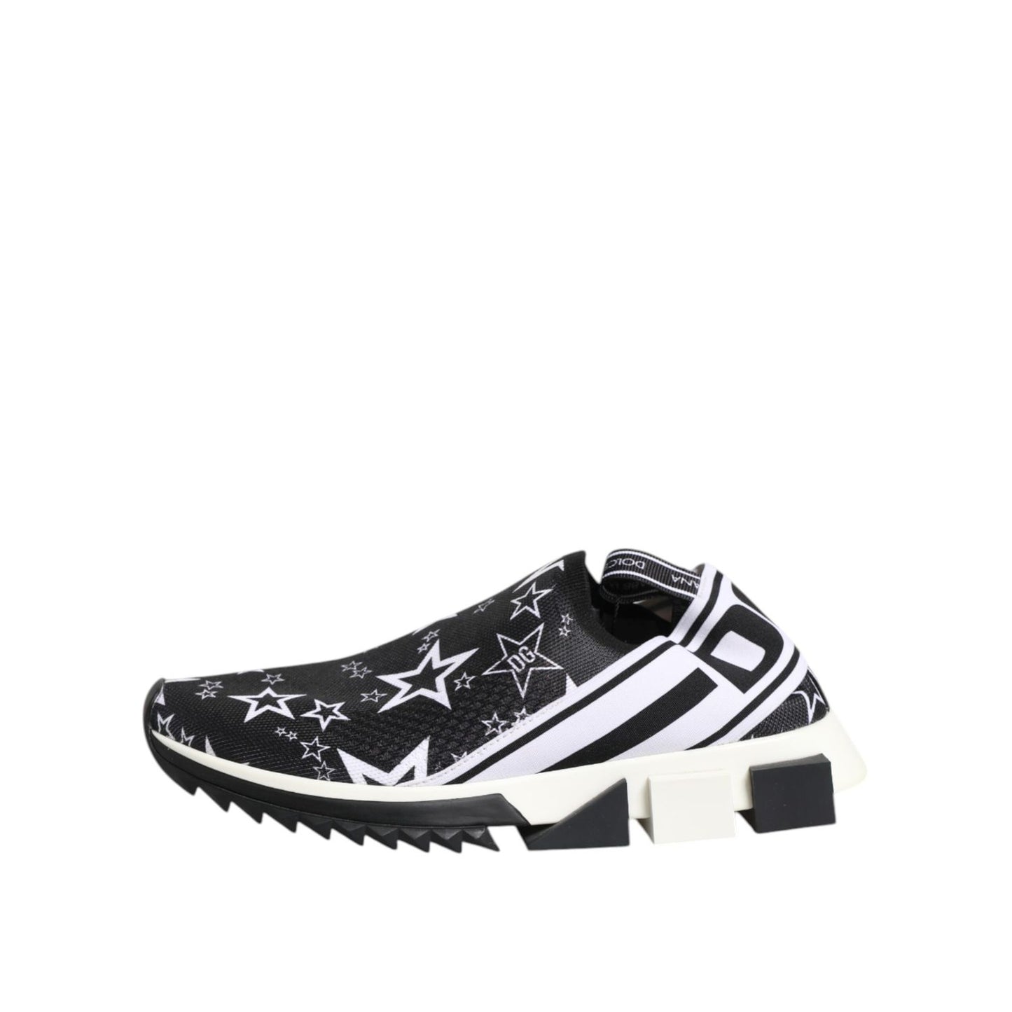 Dolce & Gabbana Black White Sorrento Low Top Sneakers Shoes with star pattern and rubber sole, side view