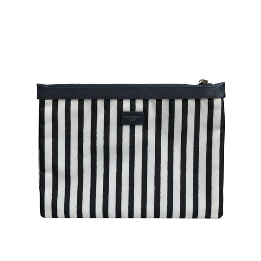 Dolce & Gabbana Black White Striped Logo Plaque Clutch Pouch Bag with zip closure and metal hardware.