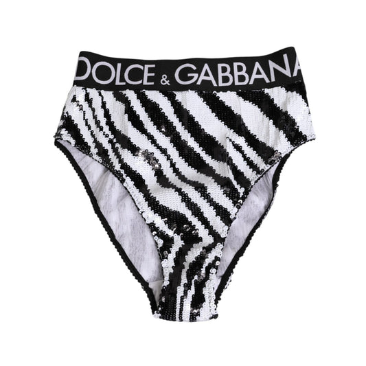 Dolce & Gabbana Black White Stripes High Waist Panty Underwear with logo detailing, high-waist design, elegant and comfortable.