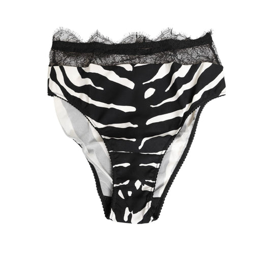 Dolce & Gabbana Black White Zebra Print Lace Trim High Underwear, high-waist briefs with delicate lace detail, perfect for stylish comfort.