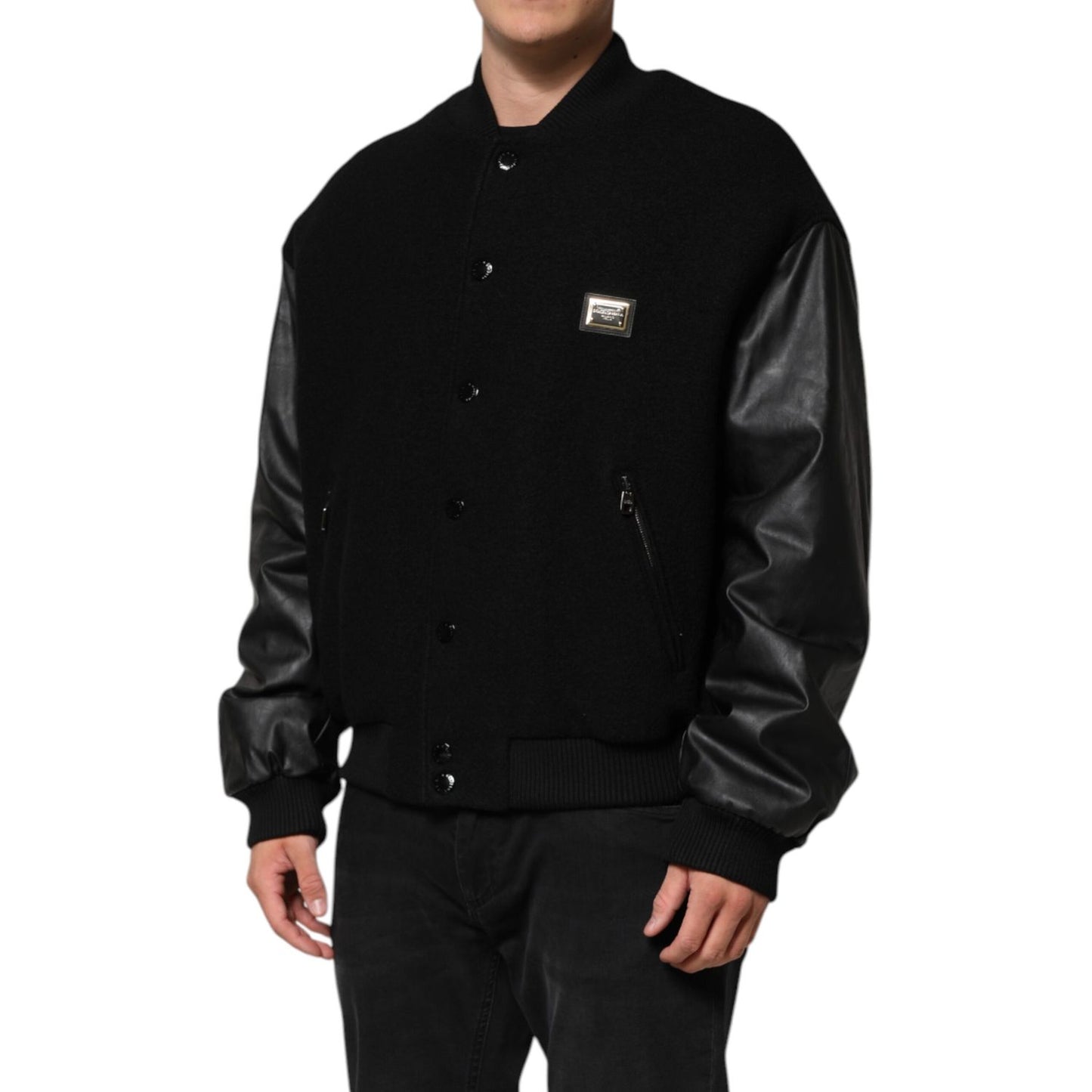 Dolce & Gabbana Black Wool Logo Plaque Bomber Jacket