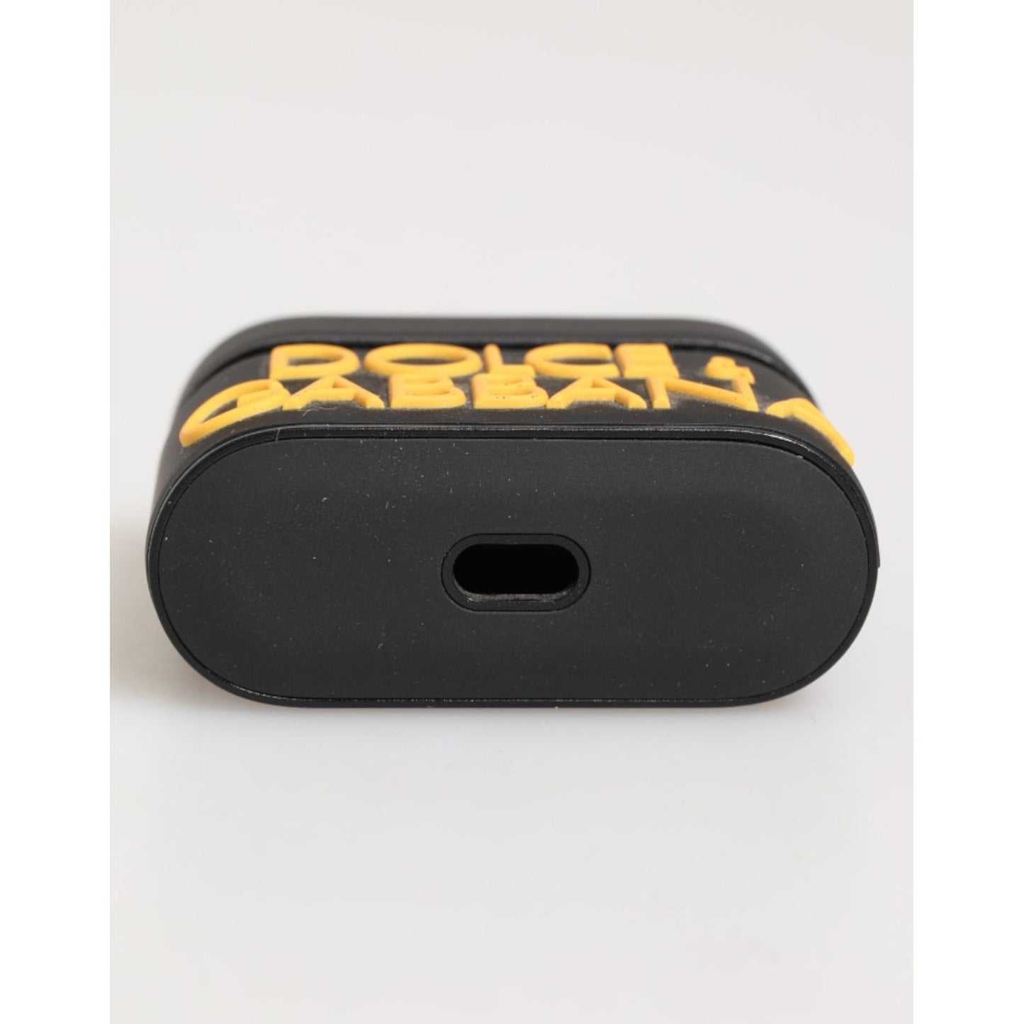 Dolce & Gabbana Black Yellow Rubber Logo Embossed Accessory Airpods Case with durable rubber and embossed DG logo, stylish and protective.