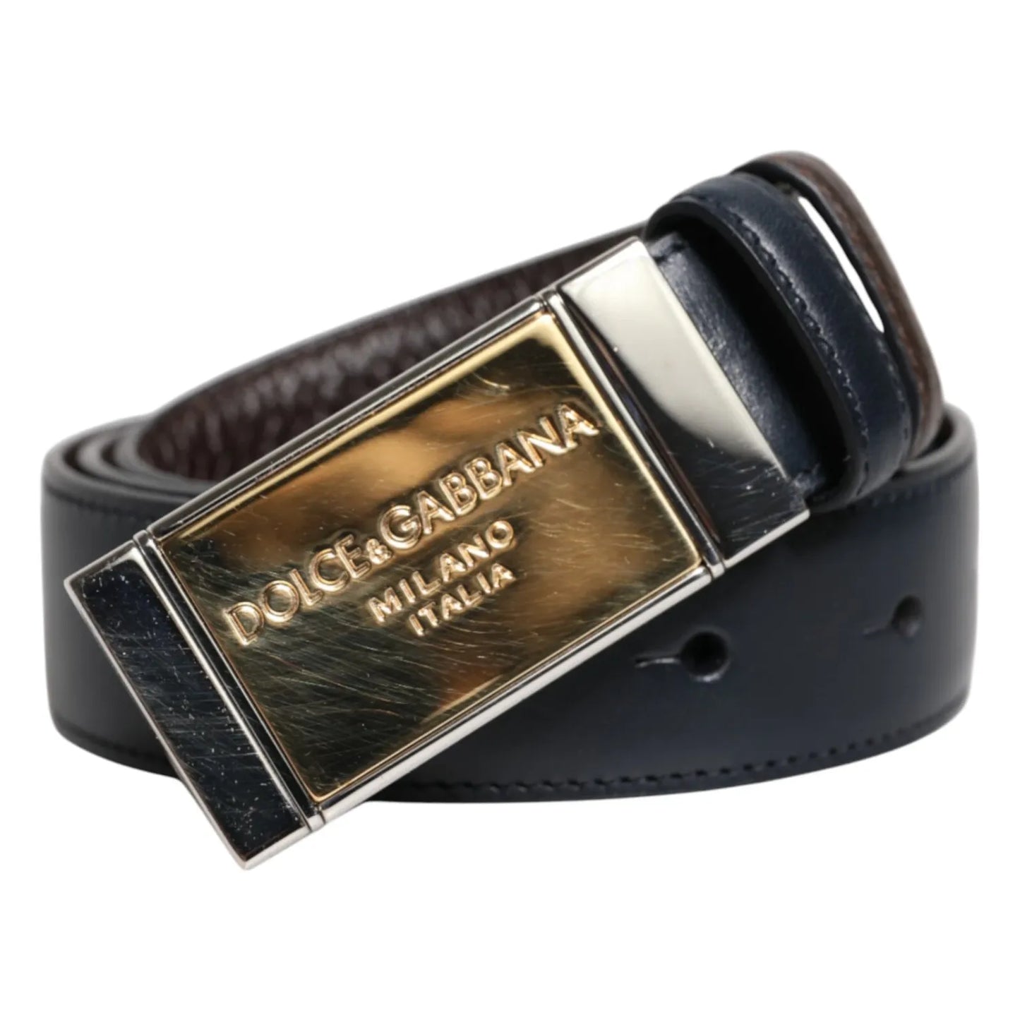 Dolce & Gabbana Blue Brown Leather Buckle Reversible Belt with gold and silver metal buckle, Italian-made luxury fashion accessory.