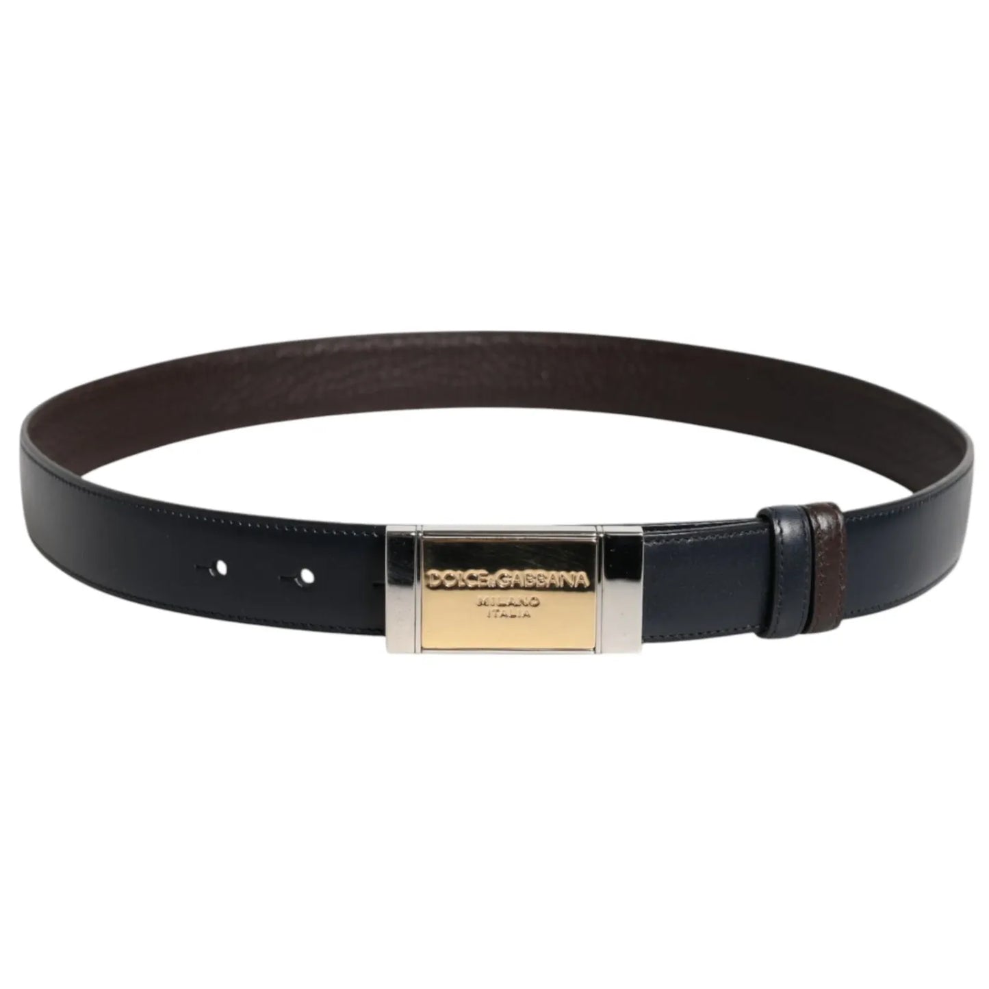 Dolce & Gabbana Blue Brown Leather Buckle Reversible Belt with gold and silver metal buckle, luxury Italian fashion accessory.