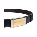 Dolce & Gabbana Blue Brown Leather Buckle Reversible Belt with gold silver metal buckle and logo details, made in Italy.