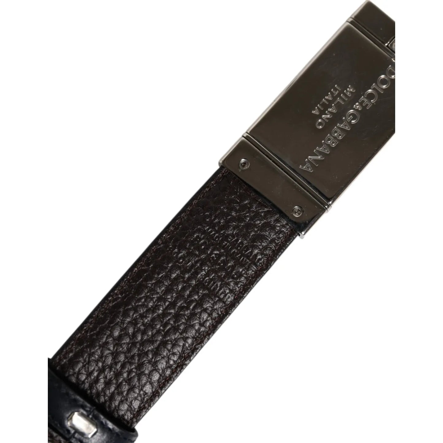 Dolce & Gabbana Blue Brown Leather Buckle Reversible Belt with gold silver metal logo details, high-quality leather, made in Italy.