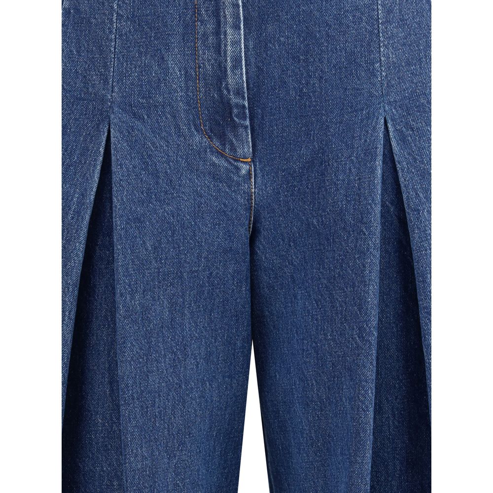 Dolce & Gabbana Blue Cotton Straight-Leg Jeans with front center pleat and French pockets showcasing elegant design.