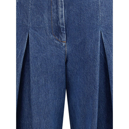 Dolce & Gabbana Blue Cotton Straight-Leg Jeans with front center pleat and French pockets showcasing elegant design.