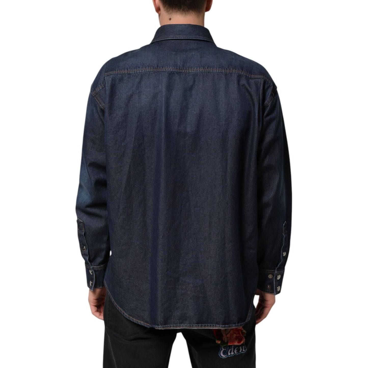 Dolce & Gabbana Blue Denim Button Casual Logo Patch Men Shirt