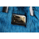 Close-up of Dolce & Gabbana Blue Fur Logo Plaque Double Handle Shoulder Bag with silver logo detailing