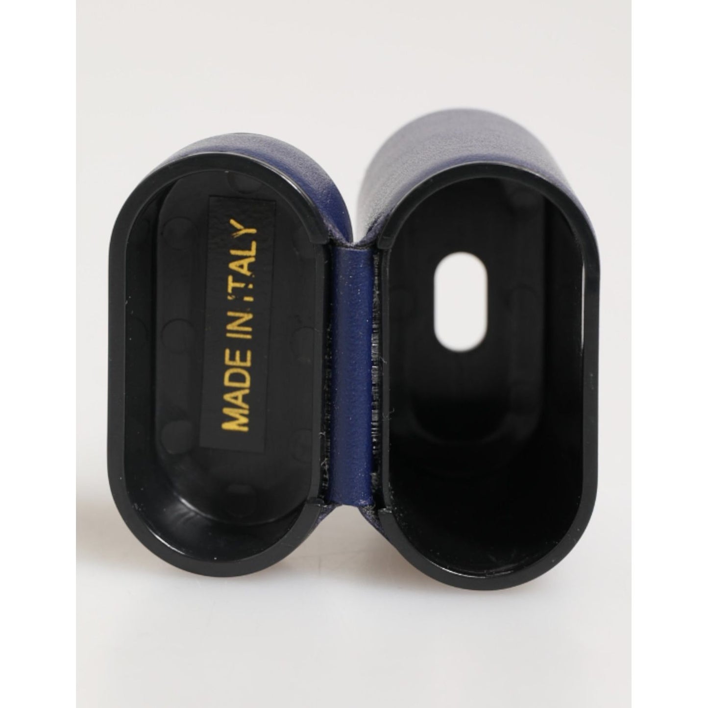 Interior view of Dolce & Gabbana Blue Leather Logo Print Flip Holder Men Airpods Case with 'Made in Italy' detail.