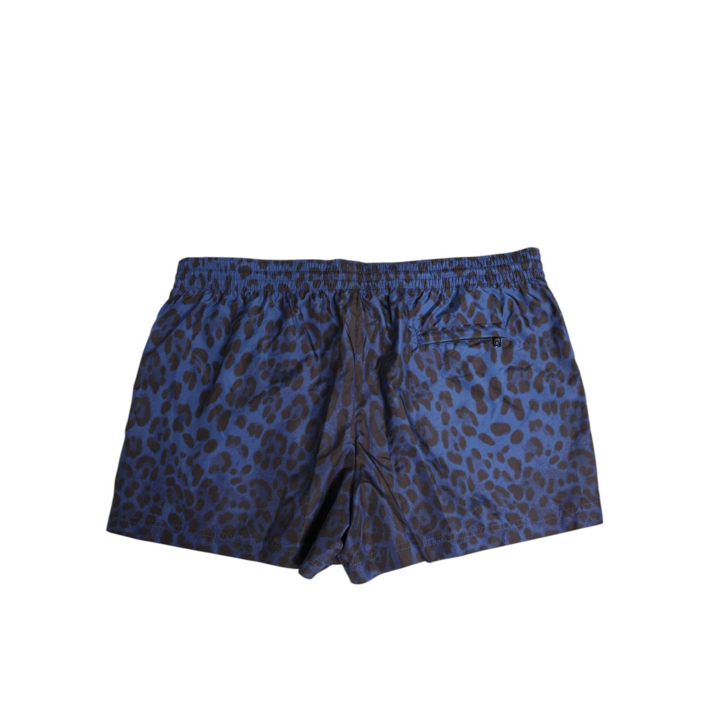 Dolce & Gabbana Blue Leopard Print Polyester Elastic Waistband Swimwear with DG logo plaque and adjustable drawstring.