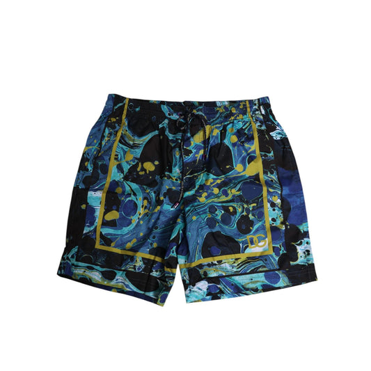 Dolce & Gabbana Blue Marble Print Logo Men Boxer Short Swimwear with elastic waistband and drawstring closure.