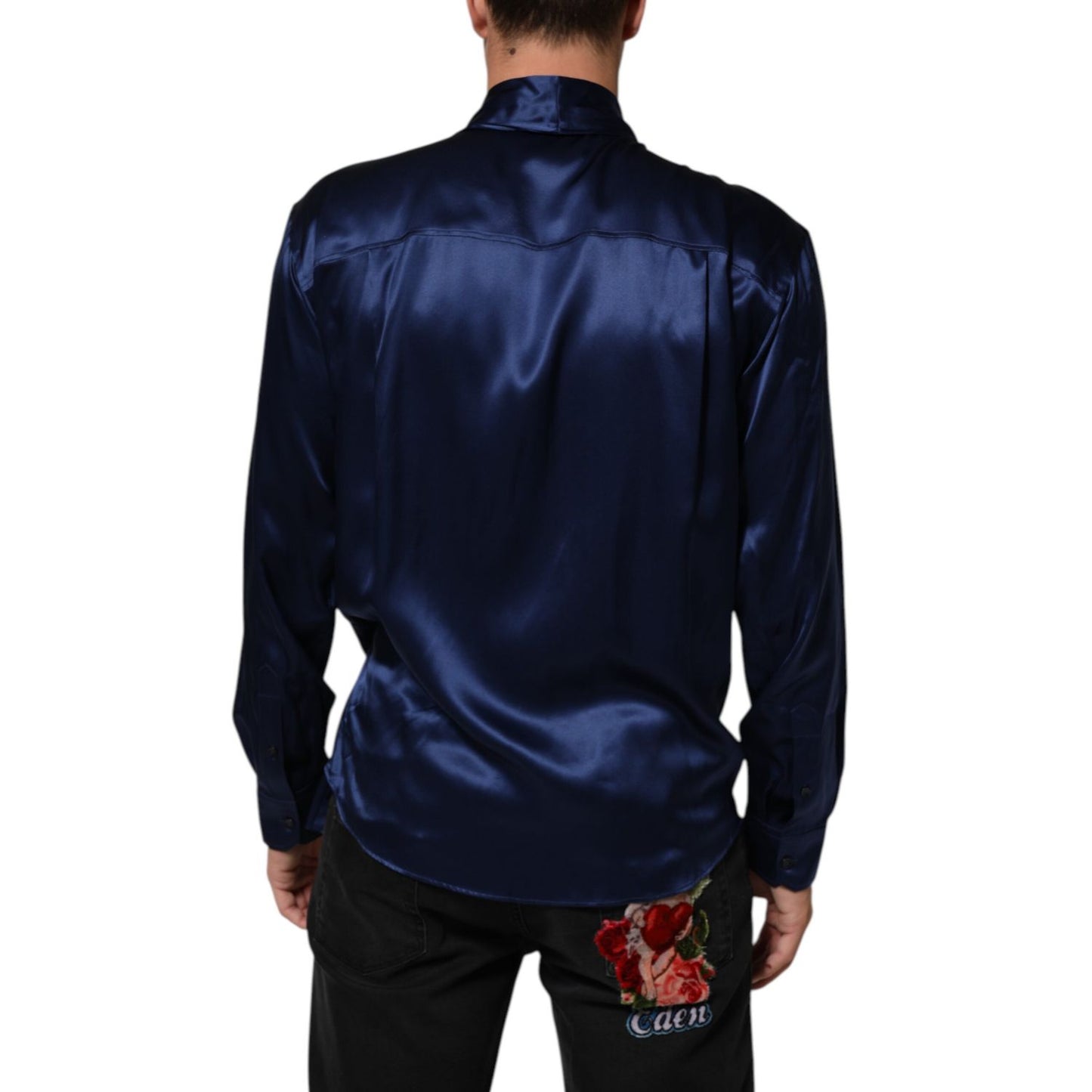 Dolce & Gabbana Blue Oversize Silk Satin Long Sleeves Shirt