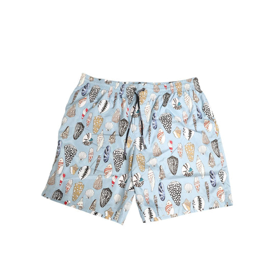 Dolce & Gabbana Blue Seashell Print Nylon Men Shorts Swimwear with elastic waistband and multicolor seashell design on a blue background