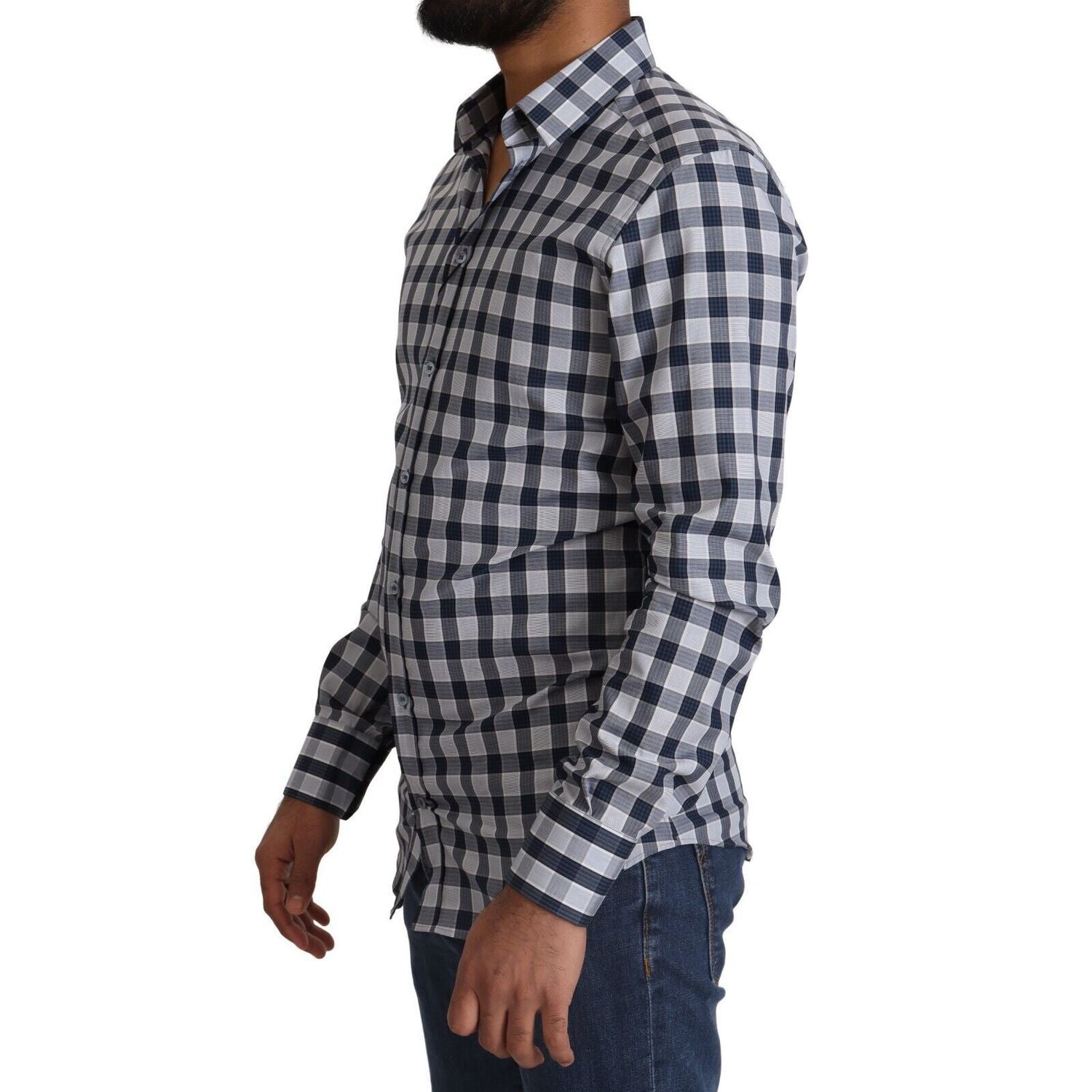 Dolce & Gabbana Blue White Check Cotton Slim Fit GOLD Shirt