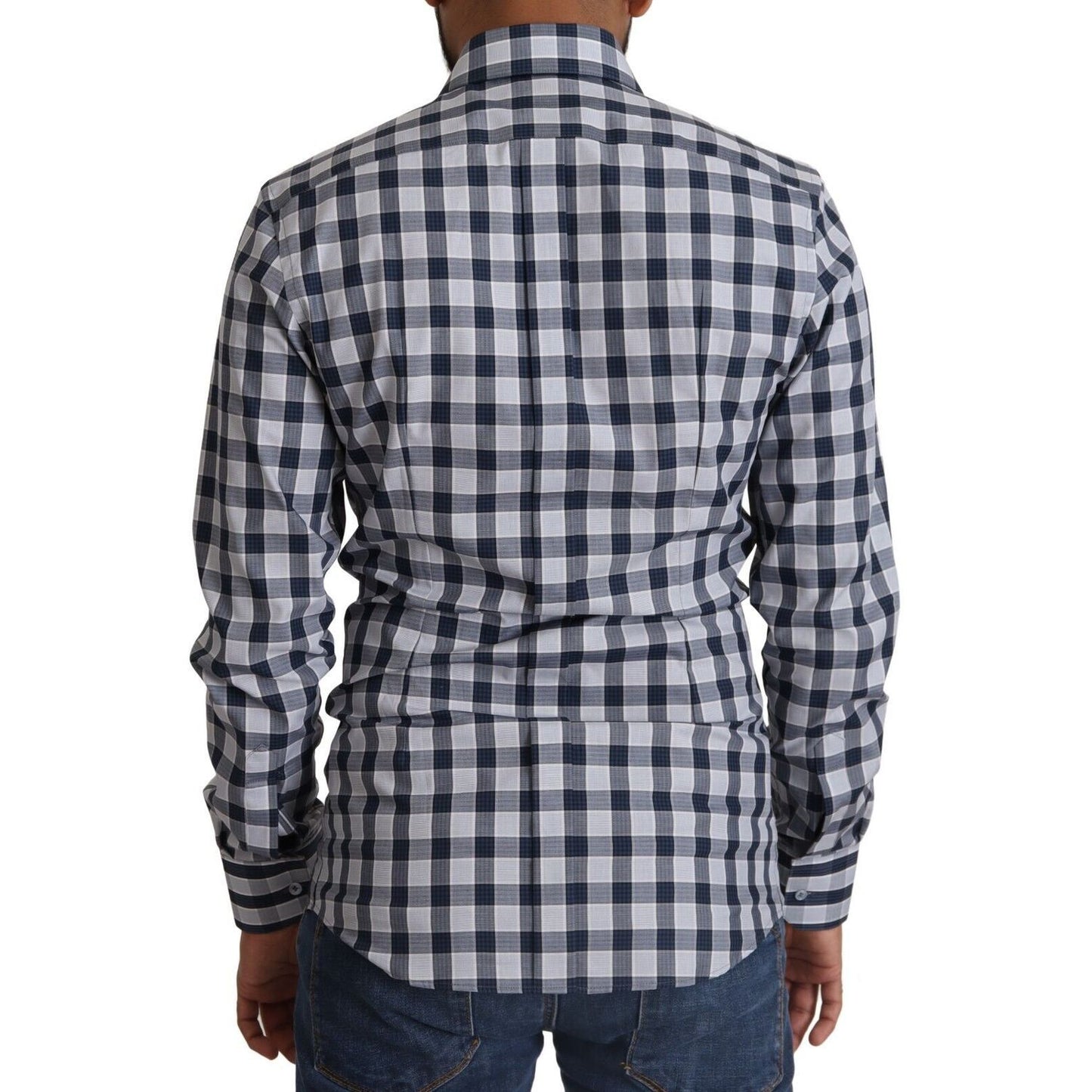 Dolce & Gabbana Blue White Check Cotton Slim Fit GOLD Shirt
