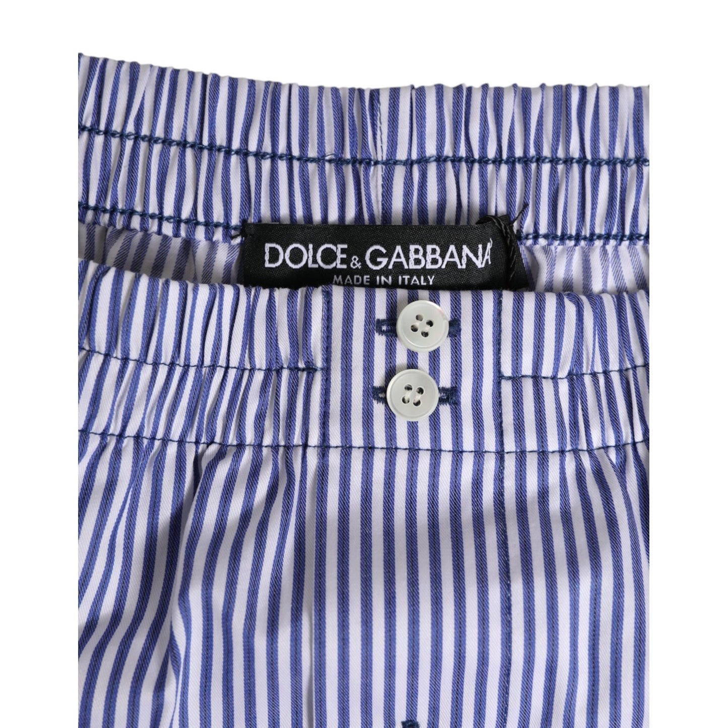 Dolce & Gabbana Blue White Cotton Striped Button Fly Shorts Swimwear with elastic waistband and button details.