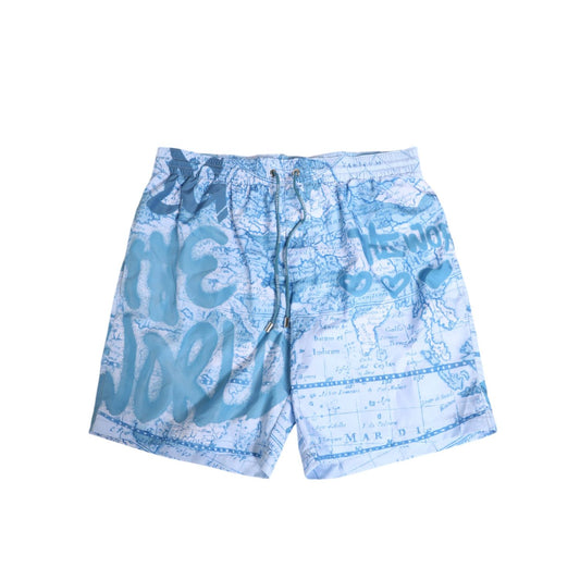 Dolce & Gabbana Blue World Map Polyester Elastic Waistband Swimwear with graffiti details and drawstring.