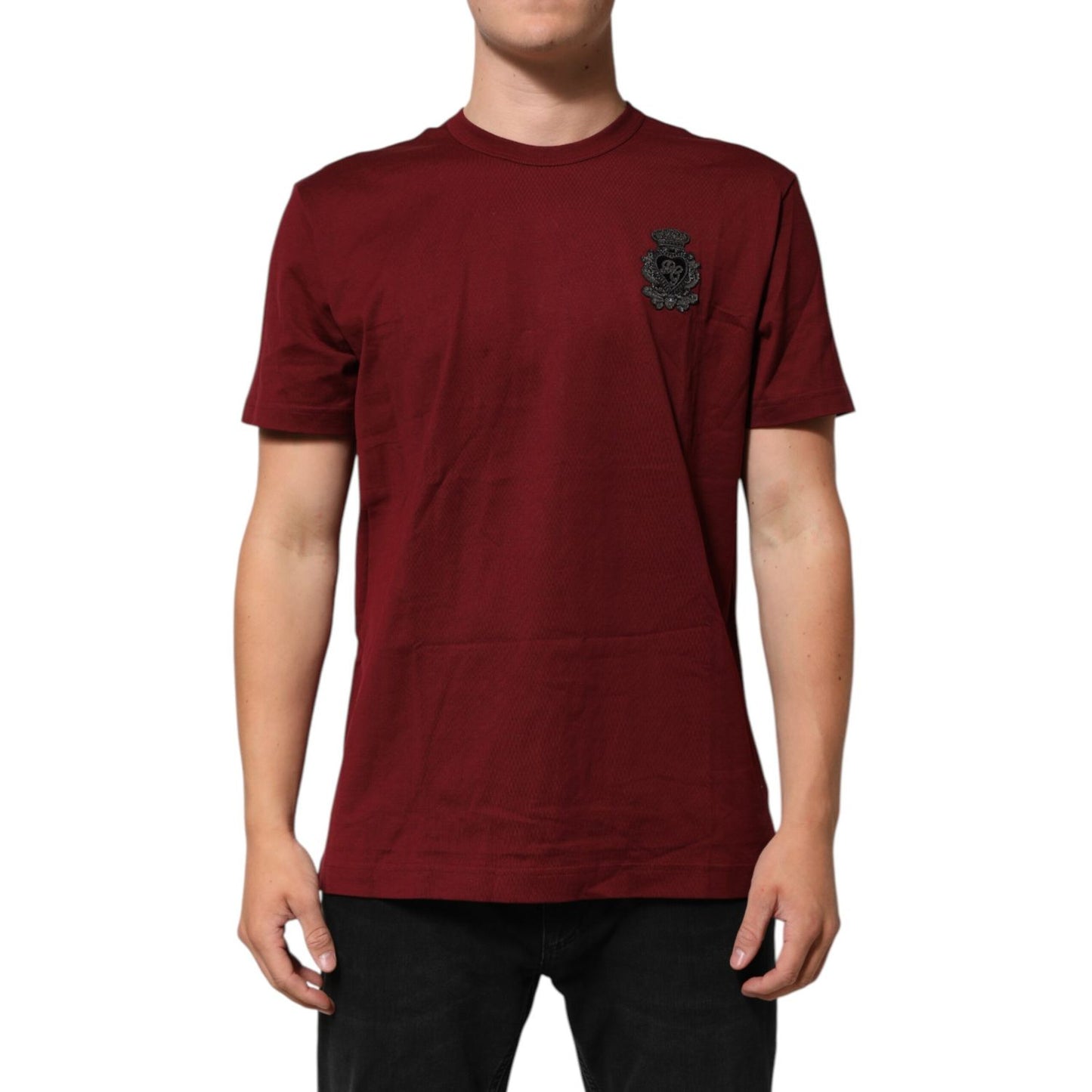 Dolce & Gabbana Bordeaux Red Cotton Crest Logo Patch T-Shirt