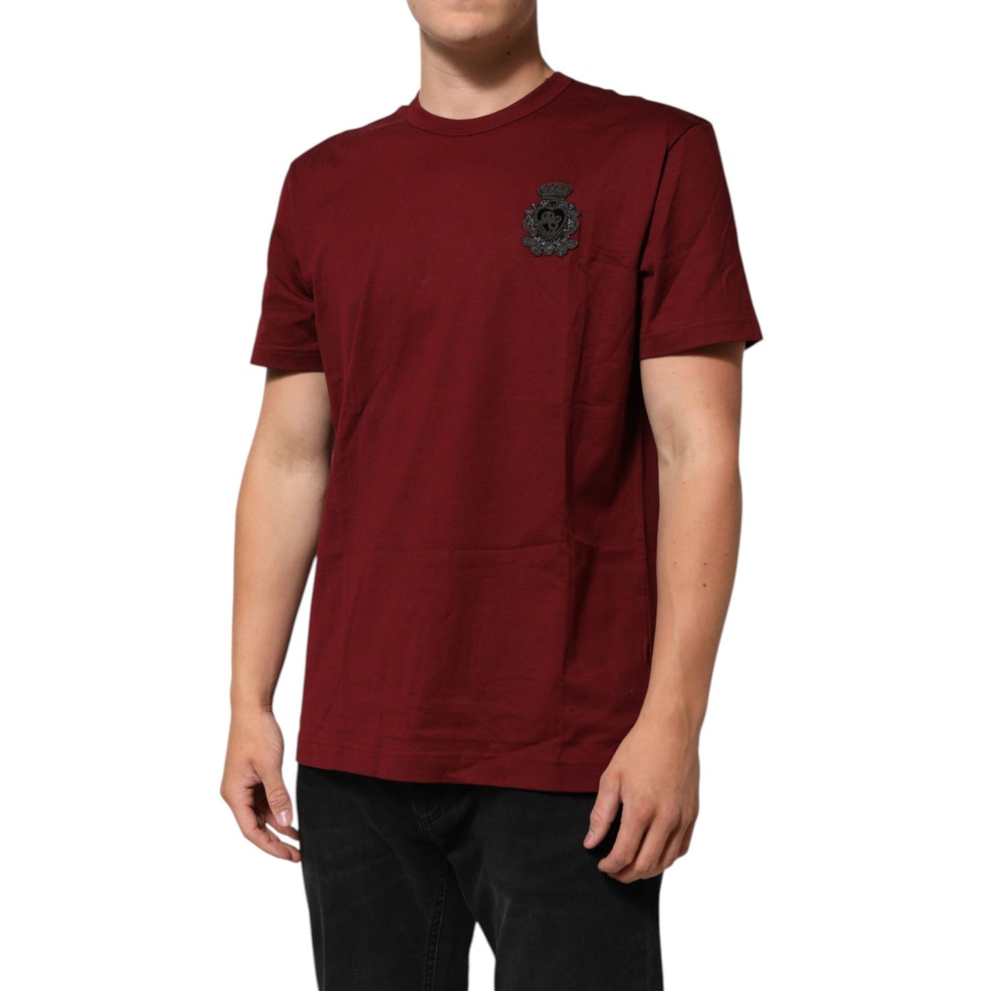 Dolce & Gabbana Bordeaux Red Cotton Crest Logo Patch T-Shirt