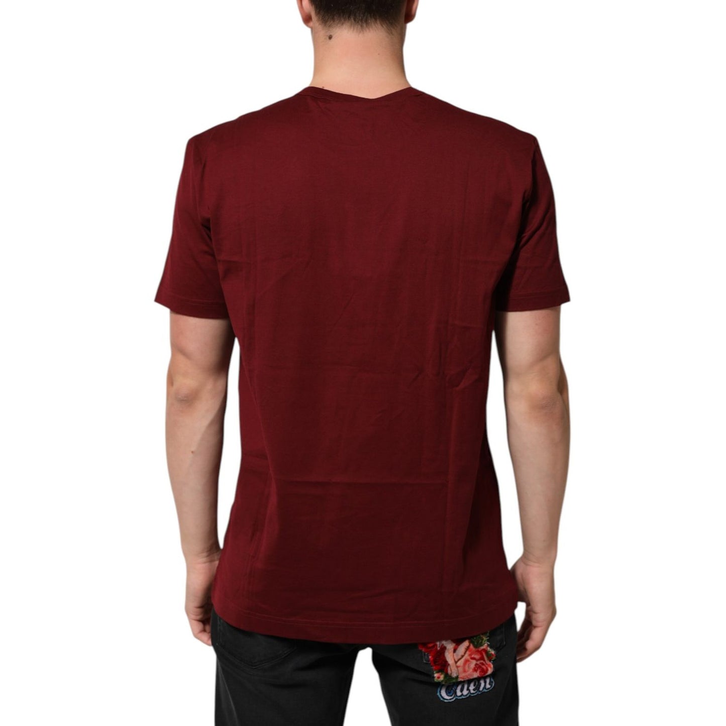 Dolce & Gabbana Bordeaux Red Cotton Crest Logo Patch T-Shirt