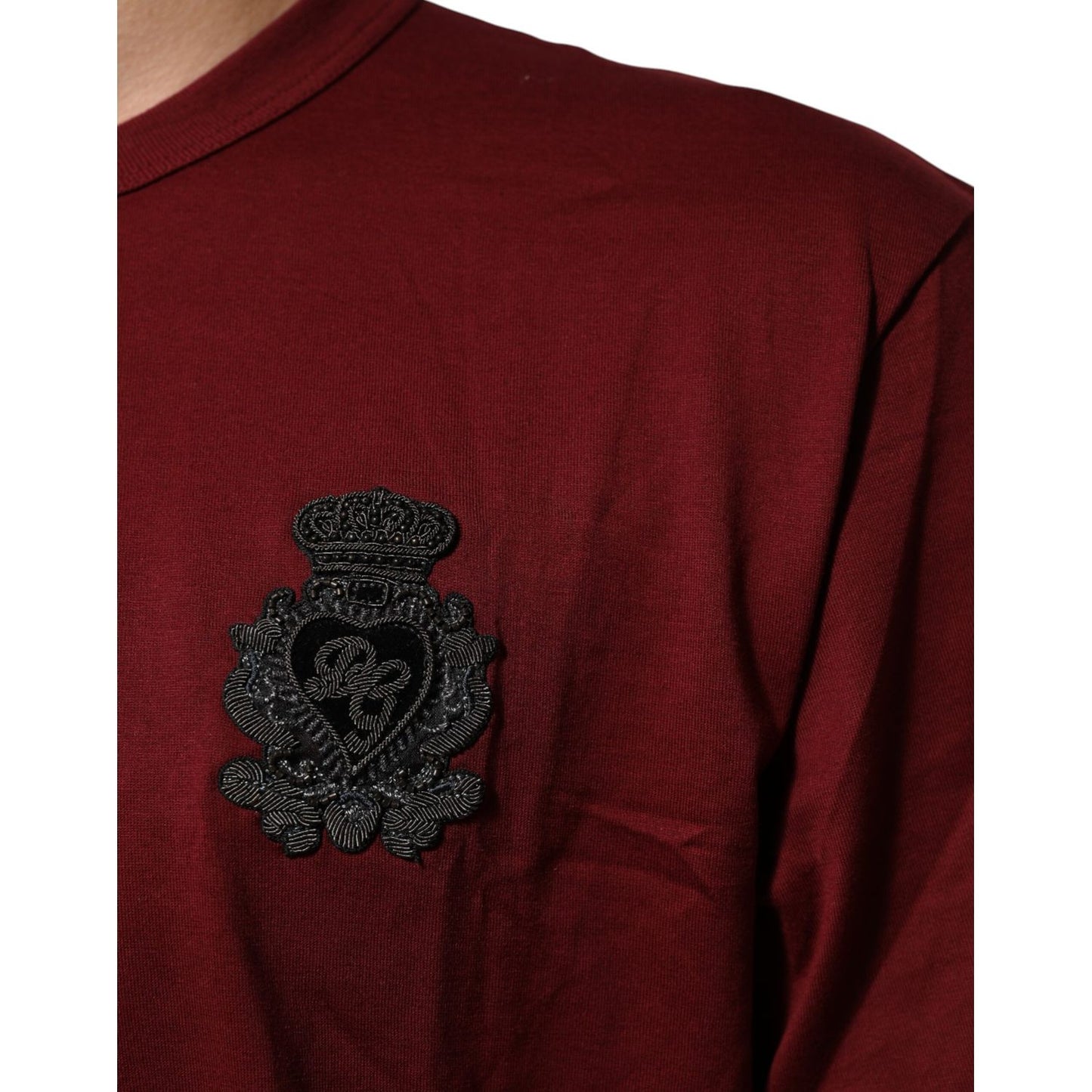 Dolce & Gabbana Bordeaux Red Cotton Crest Logo Patch T-Shirt