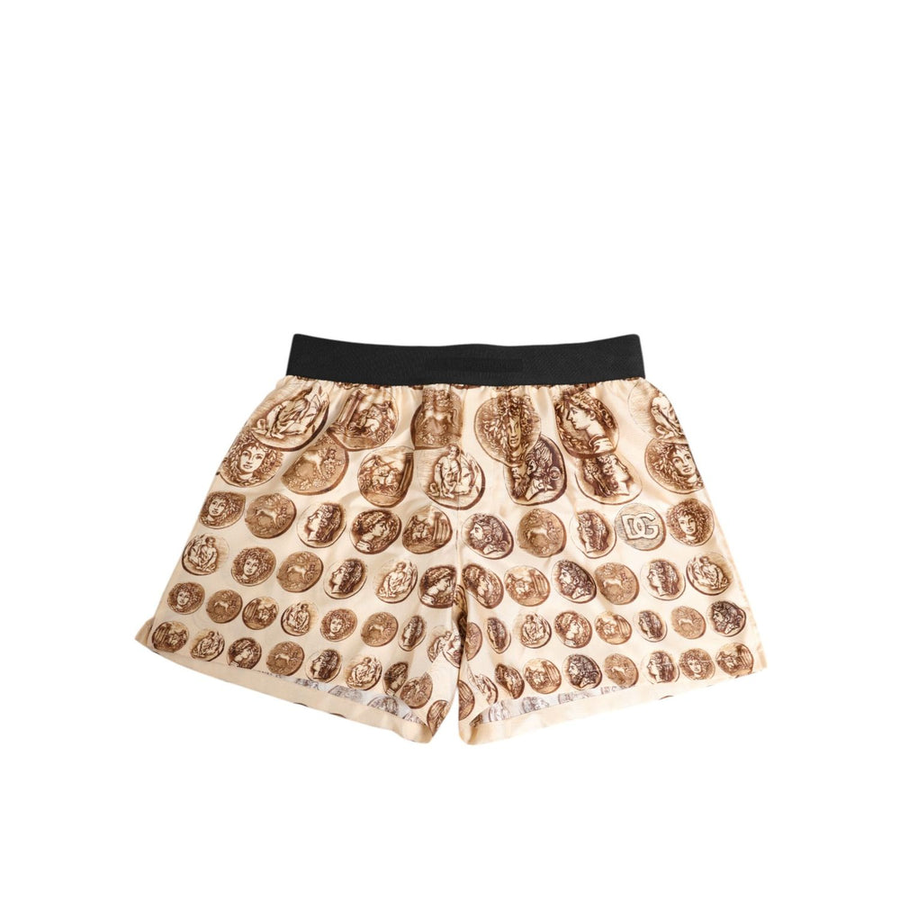 Dolce & Gabbana Brown Ancient Coin Print Silk Shorts Swimwear with elastic waistband and luxury design for men