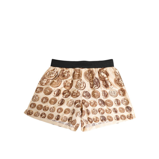 Dolce & Gabbana Brown Ancient Coin Print Silk Shorts Swimwear, beige with brown coin design, elastic waistband, men's luxury beachwear.