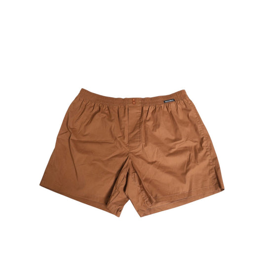 Dolce & Gabbana Brown Cotton Boxer Waistband Short Swimwear with elastic waistband, luxury design, and logo detail.