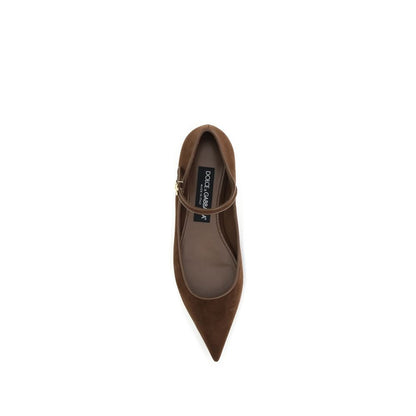 Dolce & Gabbana Brown Goatskin Ballet Flats with gold DG logo, top view. Suede, nappa leather with leather sole and insole for elegance.