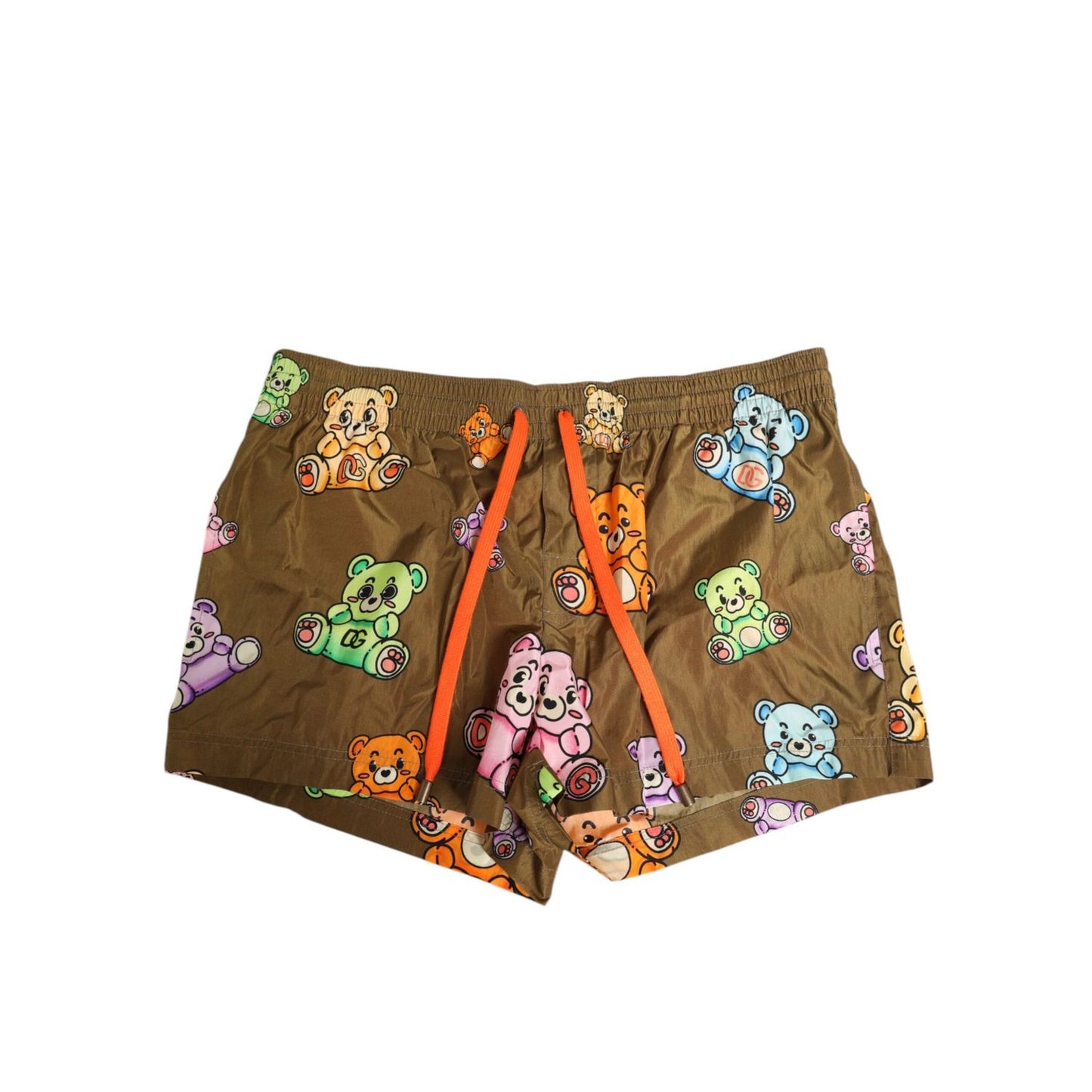 Dolce & Gabbana Brown Multicolor Teddy Bear Men Shorts Swimwear with playful print and drawstring waist.