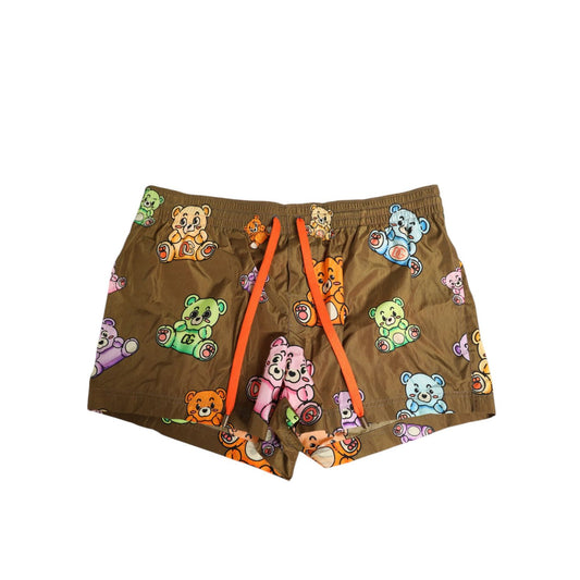 Dolce & Gabbana Brown Multicolor Teddy Bear Men Shorts Swimwear with playful teddy bear print and drawstring waist.