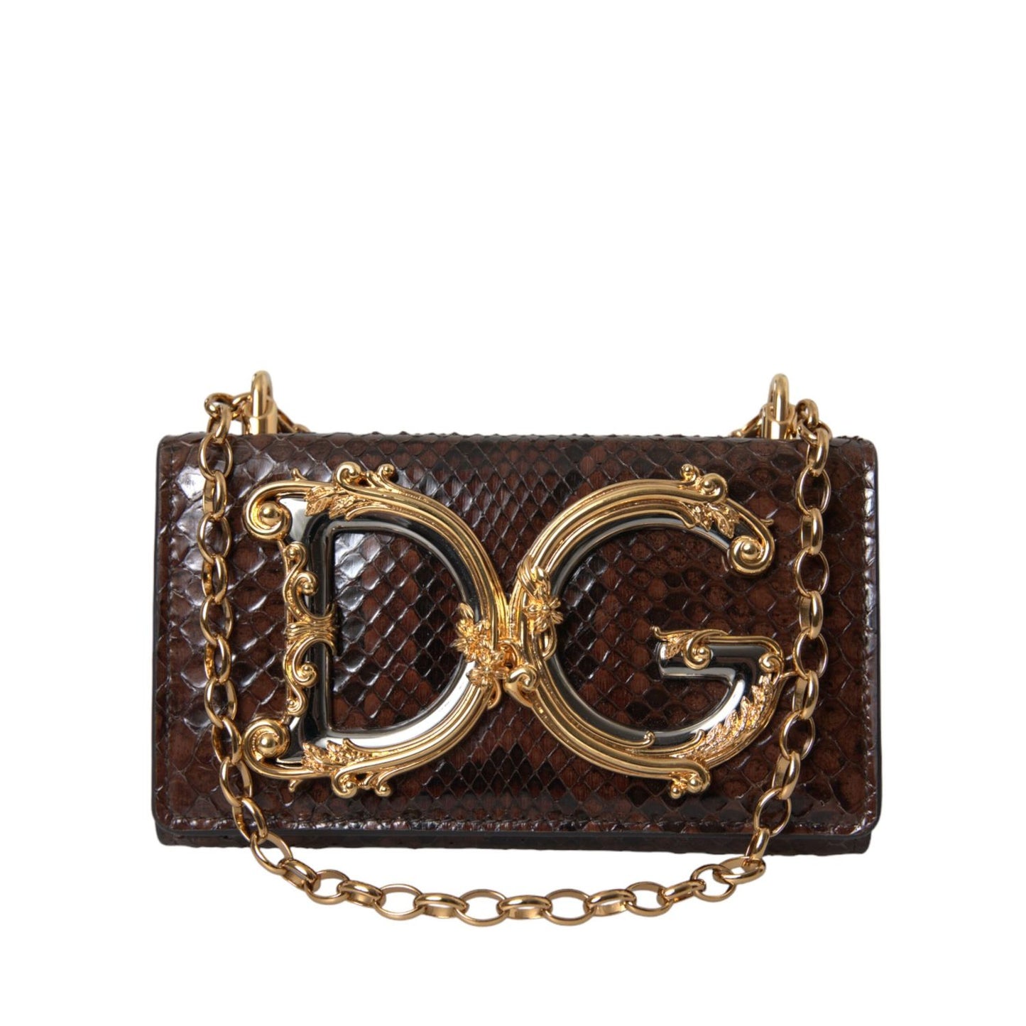 Dolce & Gabbana Brown Python Leather DG Girls Crossbody Phone Bag with metallic logo and chain strap