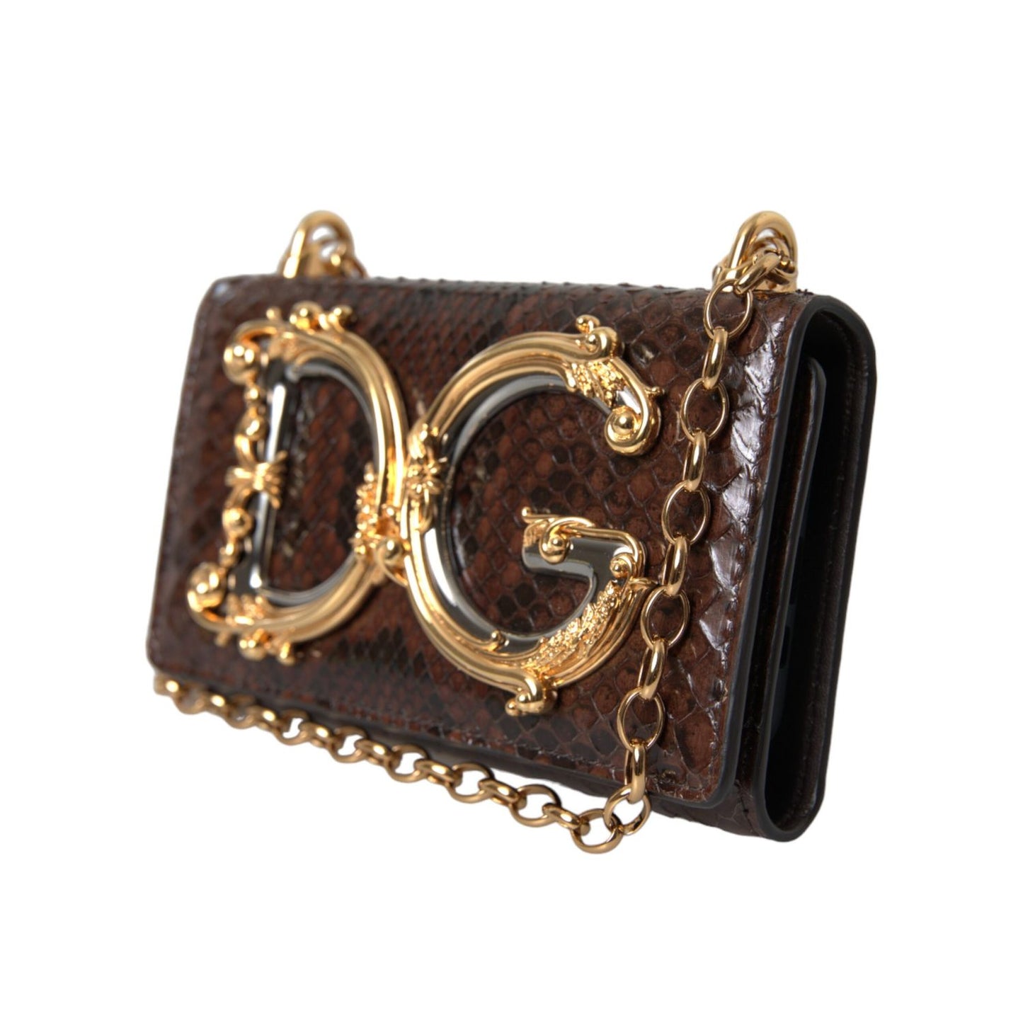 Dolce & Gabbana Brown Python Leather DG Girls Crossbody Phone Bag with gold metallic logo and chain strap, flap closure.