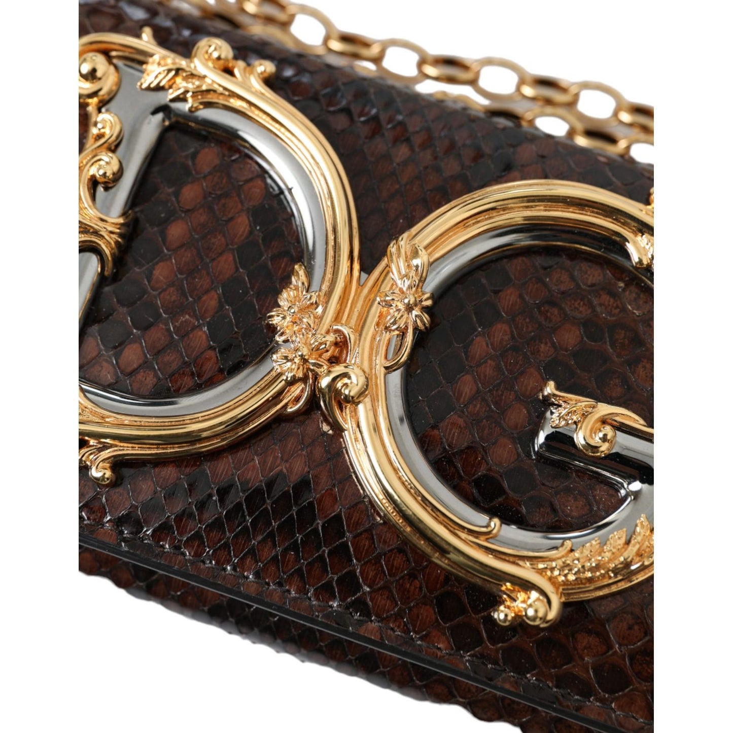 Close-up of Dolce & Gabbana Brown Python Leather DG Girls Crossbody Phone Bag with metallic logo and gold finish chain strap.