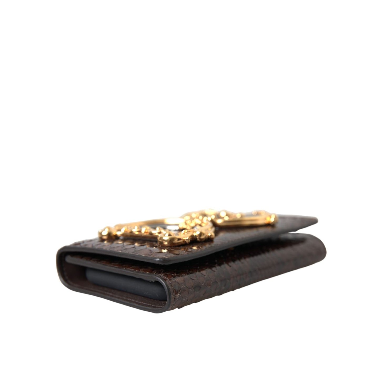 Dolce & Gabbana Brown Python Leather DG Girls Crossbody Phone Bag with gold logo on side view